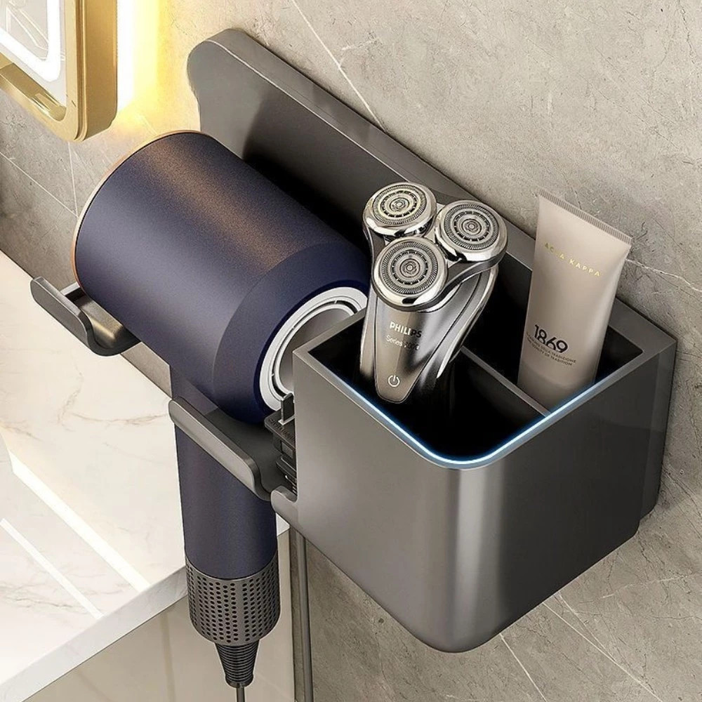 Giá Treo Máy Sấy Tóc Dán Tường Nhà Tắm Dino, Kệ Đựng Máy Sấy Kèm Cốc Đựng Lược, Dao Cạo Râu