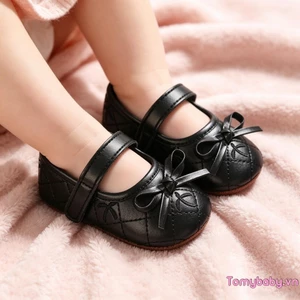 Bé Gái Đen Mary Jane Giày Da PU Nơ Trang Trí Quilted Khâu Đế Cao Su