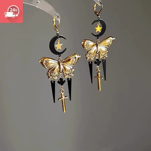 Retro khí chất ngọt ngào và mát mẻ hai màu bướm chéo tua rua mặt dây chuyền bông tai nữ cá tính và đa năng