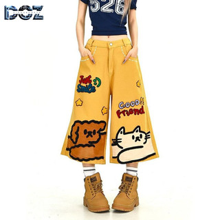 DICHUANGZHE Nam Nữ Đường Phố Cao Cấp Hoạt Hình Mèo Và Chó In Chân Thẳng Quần Cắt denim