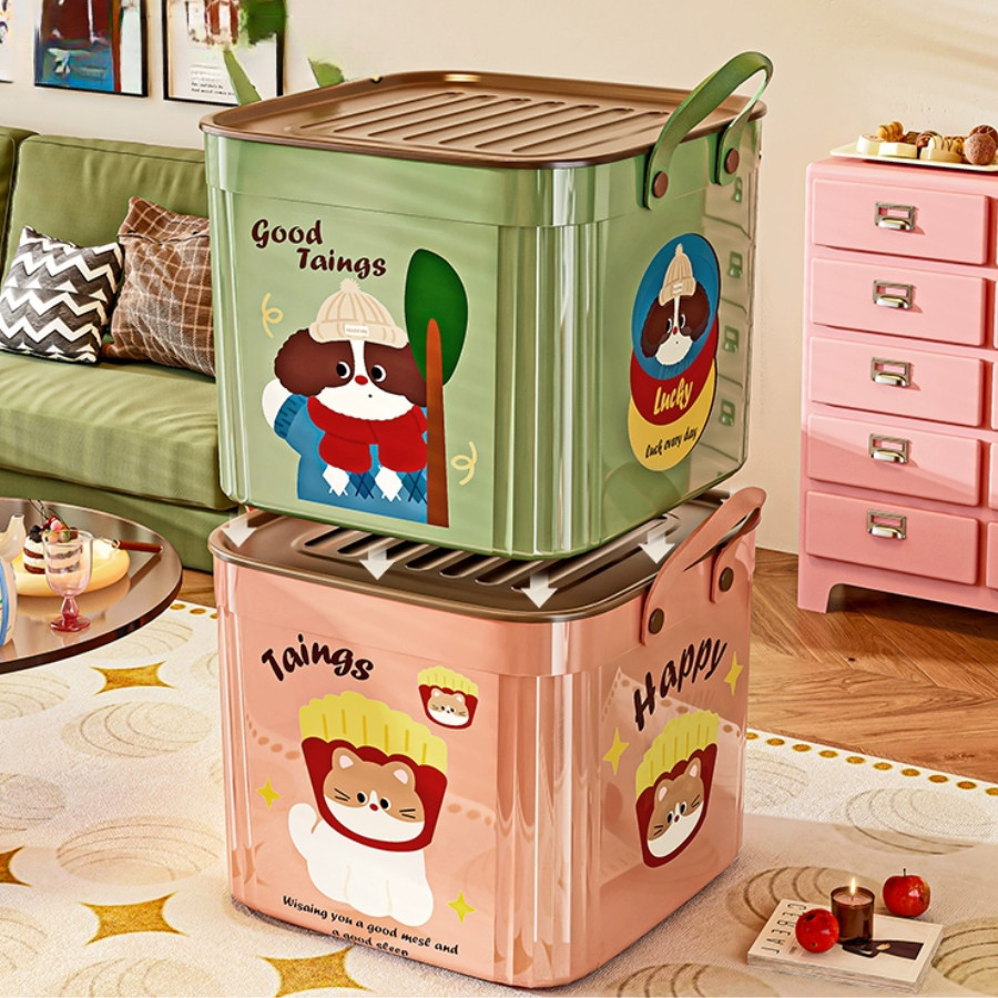 Thùng Nhựa Đựng Đồ Đa Năng Có Nắp Hoạt Hình Cookie, Hộp Đựng Quần Áo Chăn Mền Đồ Chơi Có Quai Xách Tiện
