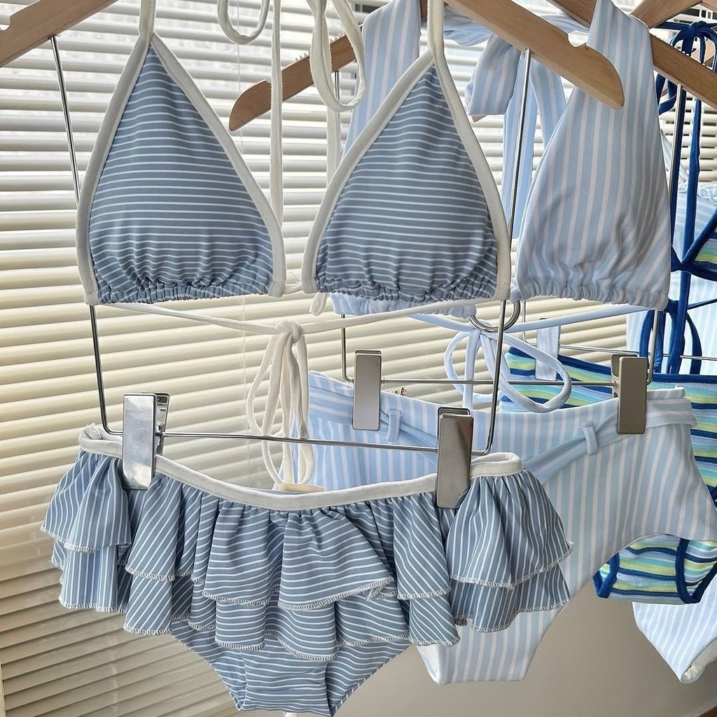 Châu Âu Mỹ Thời Trang Sọc Tươi Lá Sen Cổ Cao Chia Bikini Đồ Bơi Nữ