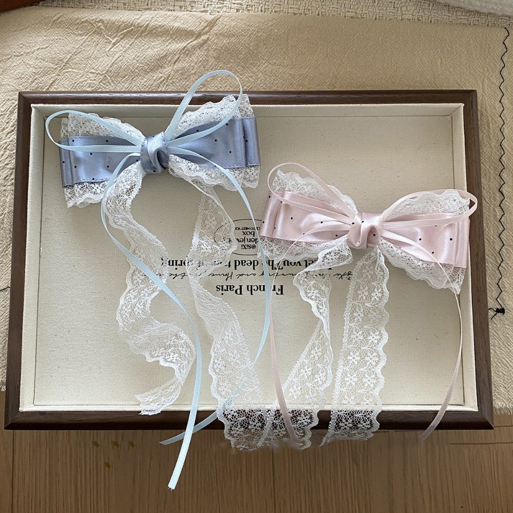 Hululu / Con Gái Sang Trọng Ren Chấm Bi Nơ Tóc Mũ Đội Đầu Satin Ruy Băng Kẹp Tóc Cô Gái Nhẹ Nhàng Mỏ Vịt Kẹp Phụ Kiện Tóc