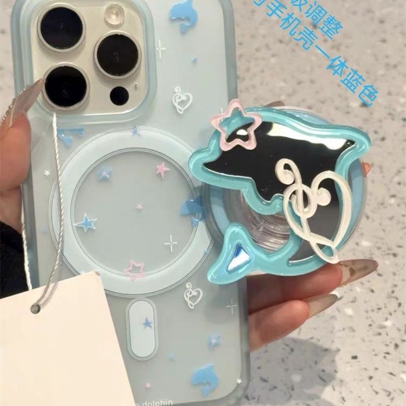 Cảm giác da|Gương bán kính dễ thương Dolphin Note Giá đỡ từ tính Thích hợp cho Apple 17pro Frosted Blue 16 Vỏ bảo vệ điện thoại