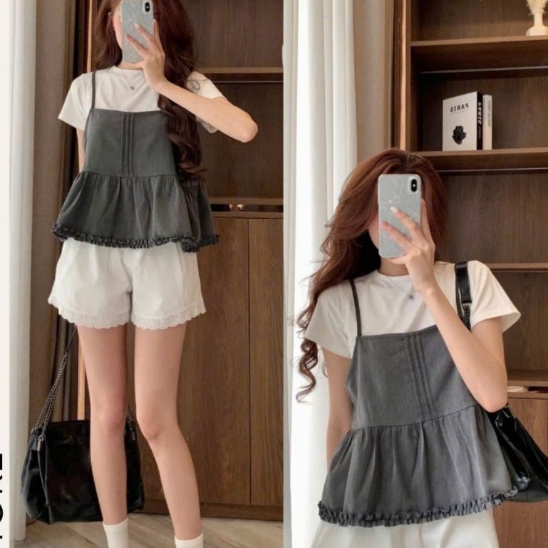 Set Đồ Nữ Áo Thun Trơn Cộc Tay Kèm Áo 2 Dây Xếp Ly Viền Bèo S800 Shees Thời Trang Nữ - SamHi Closet