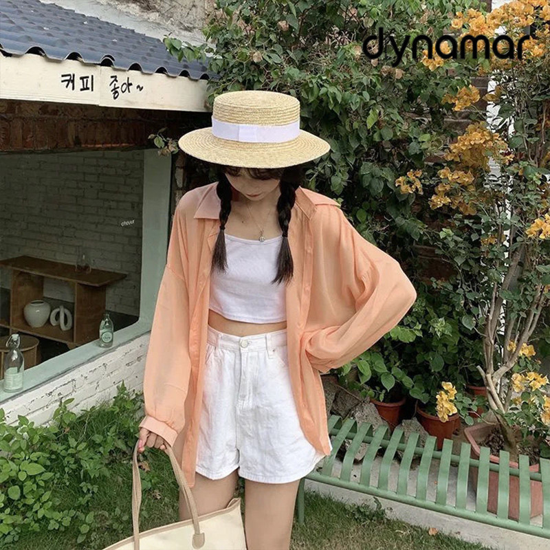 【dynamar】Sẵn-Áo khoác sơ mi voan chống nắng dành cho nữ, mỏng nhẹ, cao cấp, tay dài, thích hợp cho mùa hè.