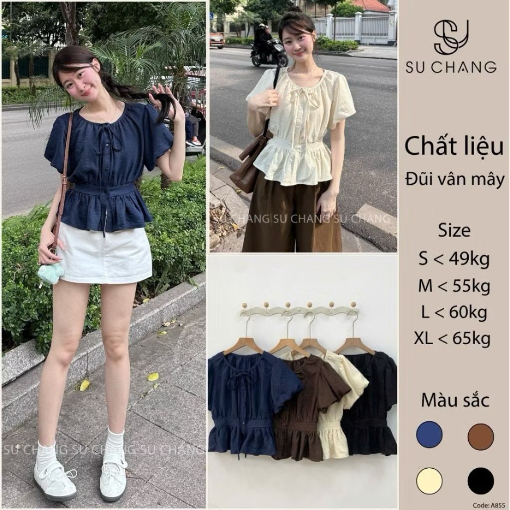 Áo Sơ Mi Cộc Tay Cổ Tròn Tay Bồng Chun Lưng A855 - SamHi Closet