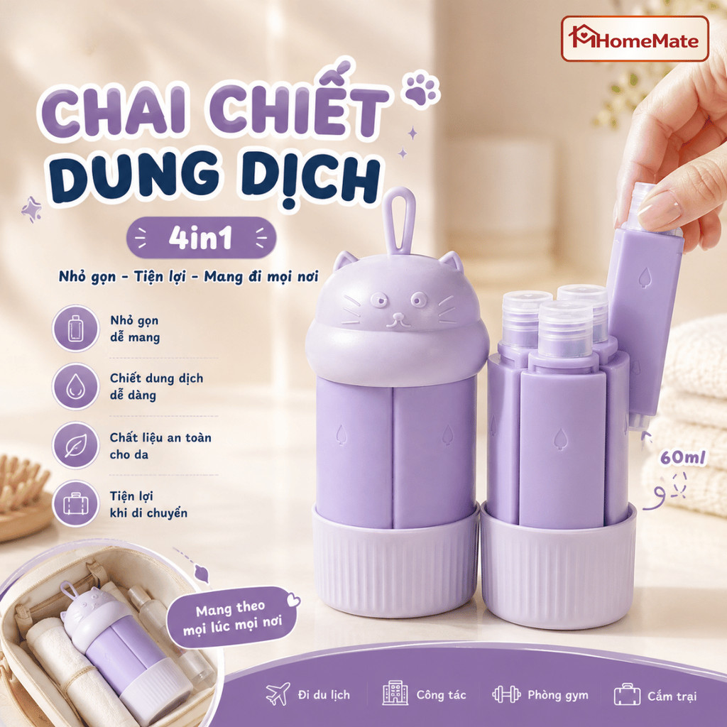 Bộ Chai Chiết Mỹ Phẩm Du Lịch 4in1 60ml HomeMate – Bình Đựng Dầu Gội, Sữa Tắm Silicone Chống Rò Rỉ Tiện Lợi
