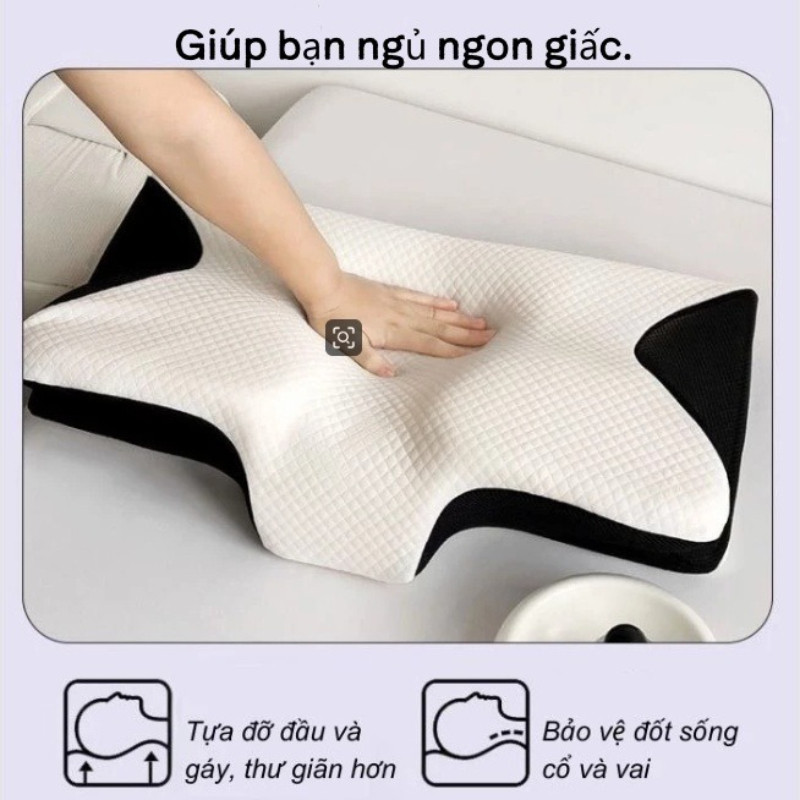 Gối công thái học hình bướm, mút hoạt tính cao cấp, nâng đỡ cổ và vai, thoáng khí và mềm mại, giúp ngăn ngừa ngáy ngủ.