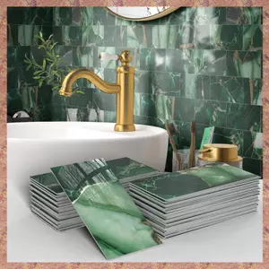 Gạch ốp tường, 32 chiếc Đá cẩm thạch ngọc lục bảo tĩnh vàng 4in X 8in Vỏ và dính Backsplash, Nhãn dán gạch tàu điện ngầm bóng PET dày (R F C V)