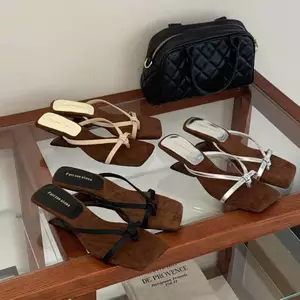 TT Mũi Vuông Nêm Gót Chân Dép Lật Mũi Nữ Dây Đeo Phù Hợp Với Váy Giày Da Thật Thời Trang Sang Trọng La Mã Giày