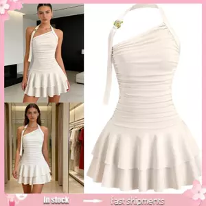 Shoulder Wrap Neck Bodycon A Line Pleated Dress For Women Lady Color Option