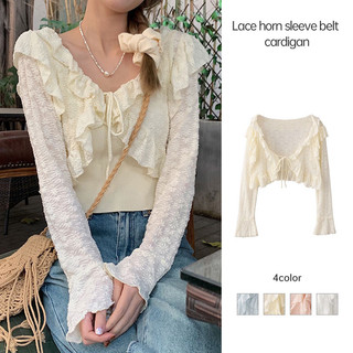 Áo khoác cardigan dệt kim tay dài cho nữ, mỏng, kiểu dáng suông, viền ren, tay lửng kiểu pagoda.