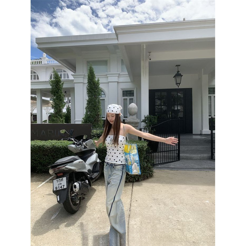 Milyfashion Với Miếng Lót Ngực Chấm Bi Ống In Hình Màu Trắng Mỏng Phù Hợp Với thon gọn Hơn Nhìn Không Tay Nữ Áo Ngắn