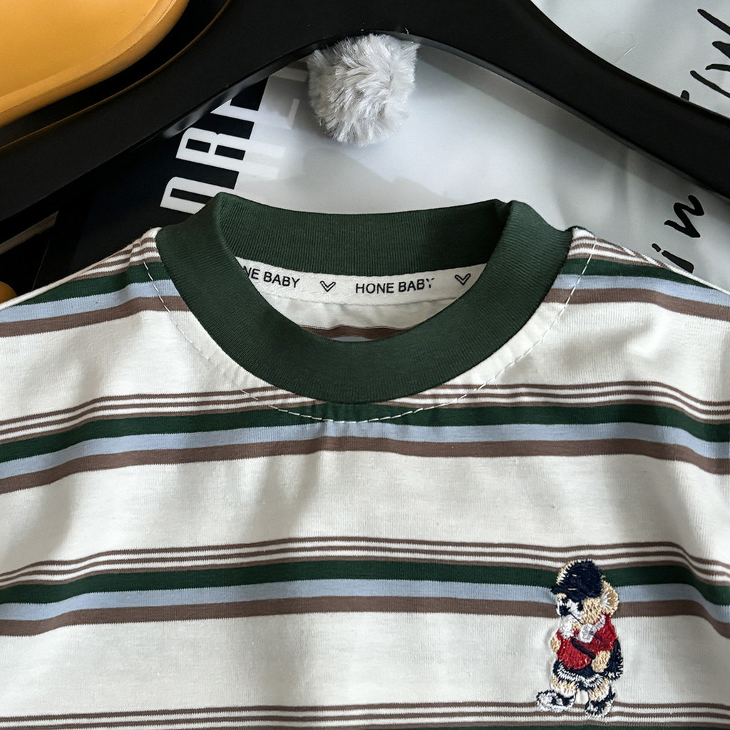 Thêu Retro Áo Thun Sọc Màu Tương Phản Ngắn Tay Top Trẻ Em Phong Cách Thời Trang 80-170 Size ZOUP