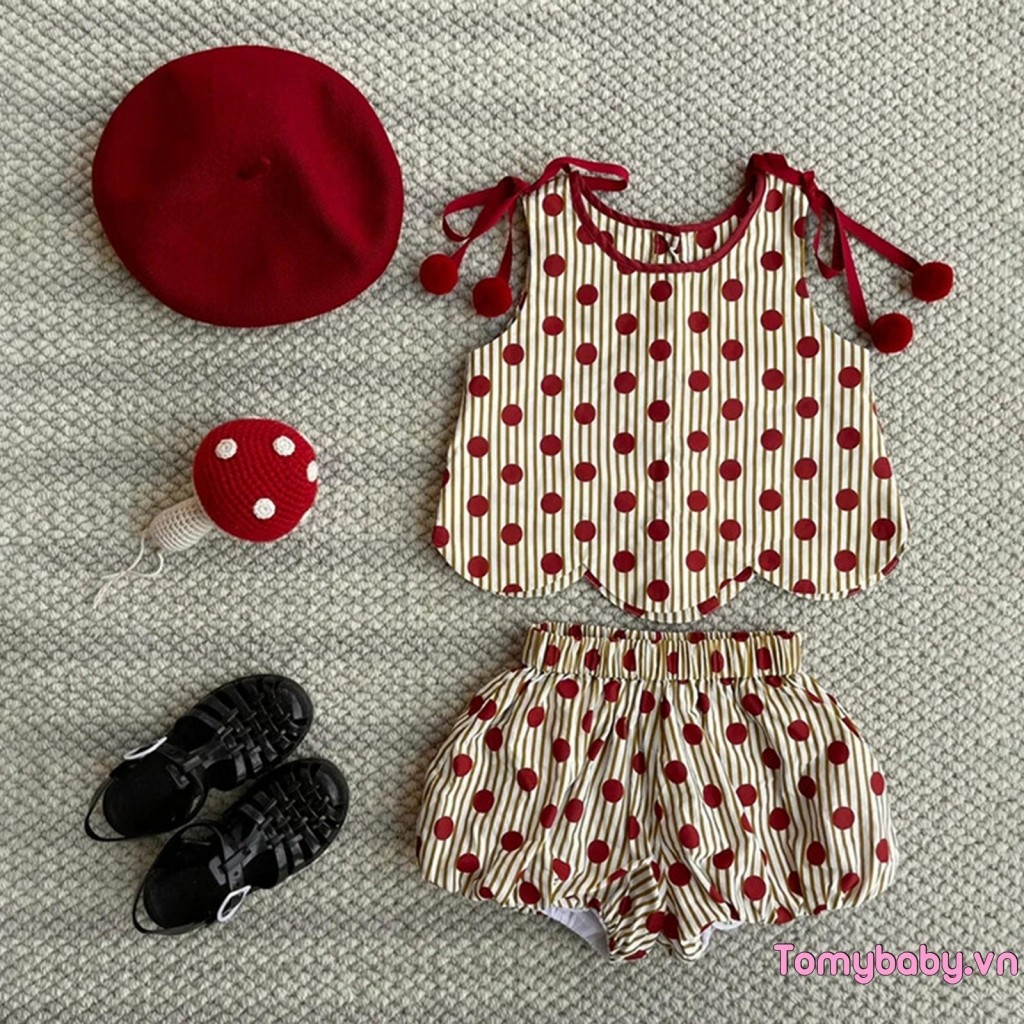 [lpDL] Bộ trang phục 2 món không tay cổ chữ O mùa hè cho bé gái + Bộ quần short đèn lồng