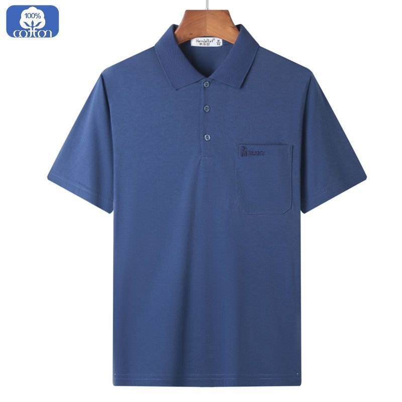 Áo thun ngắn tay cotton nguyên chất mùa hè dành cho nam, áo polo dành cho nam trung niên và người già, dáng rộng vừa vặn với cổ áo và túi EJ2K