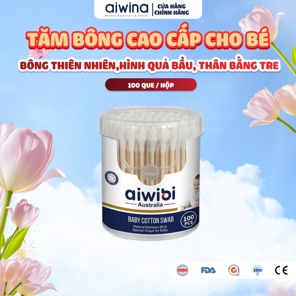 Tăm Bông Aiwibi Cao Cấp Cho Bé, Mềm Mịn, Thân Tre Linh Hoạt, 100% Bông Thiên Nhiên - 100 Cái/Hộp