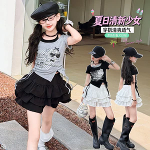 Bé Gái Áo Thun Ngắn Tay Không Đều Mùa Hè Phong Cách Mới Trẻ Em Phong Cách Hàn Quốc Khâu Chia Top