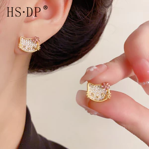 Pháp Tinh Tế Thời Trang Dễ Thương Phù Hợp Với Full Kim Cương KT Mèo Con Bông Tai Sang Trọng Nhỏ Đơn Giản Đi Lại Bông Tai