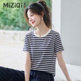 【MiZiQi】Áo thun sọc ngắn tay dành cho nữ, áo thun nữ cổ chữ V nhỏ gọn mùa hè
