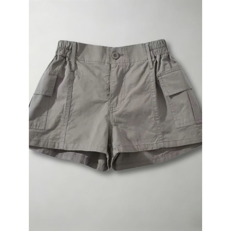 Quần short nữ xanh lính kiểu Mỹ, túi hộp, cạp chun co giãn, phong cách retro, dáng rộng