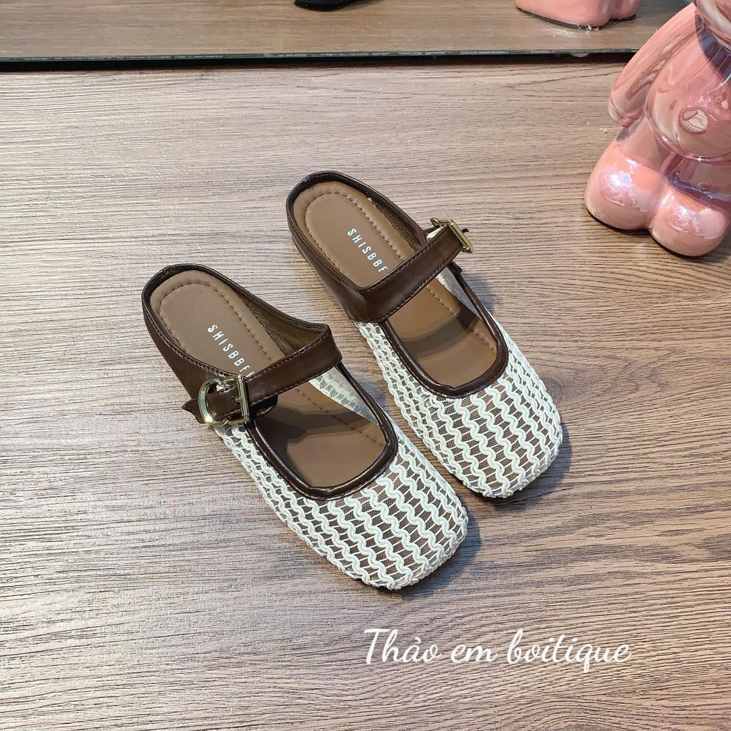 [Thảo Em - SL655] Sục lưới nữ đế bệt mũi tròn quai ngang phối khuy vàng [Sẵn Hàng].