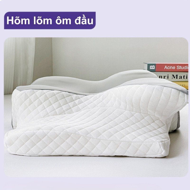 Gối công thái học hình bướm, mút hoạt tính cao cấp, nâng đỡ cổ và vai, thoáng khí và mềm mại, giúp ngăn ngừa ngáy ngủ.