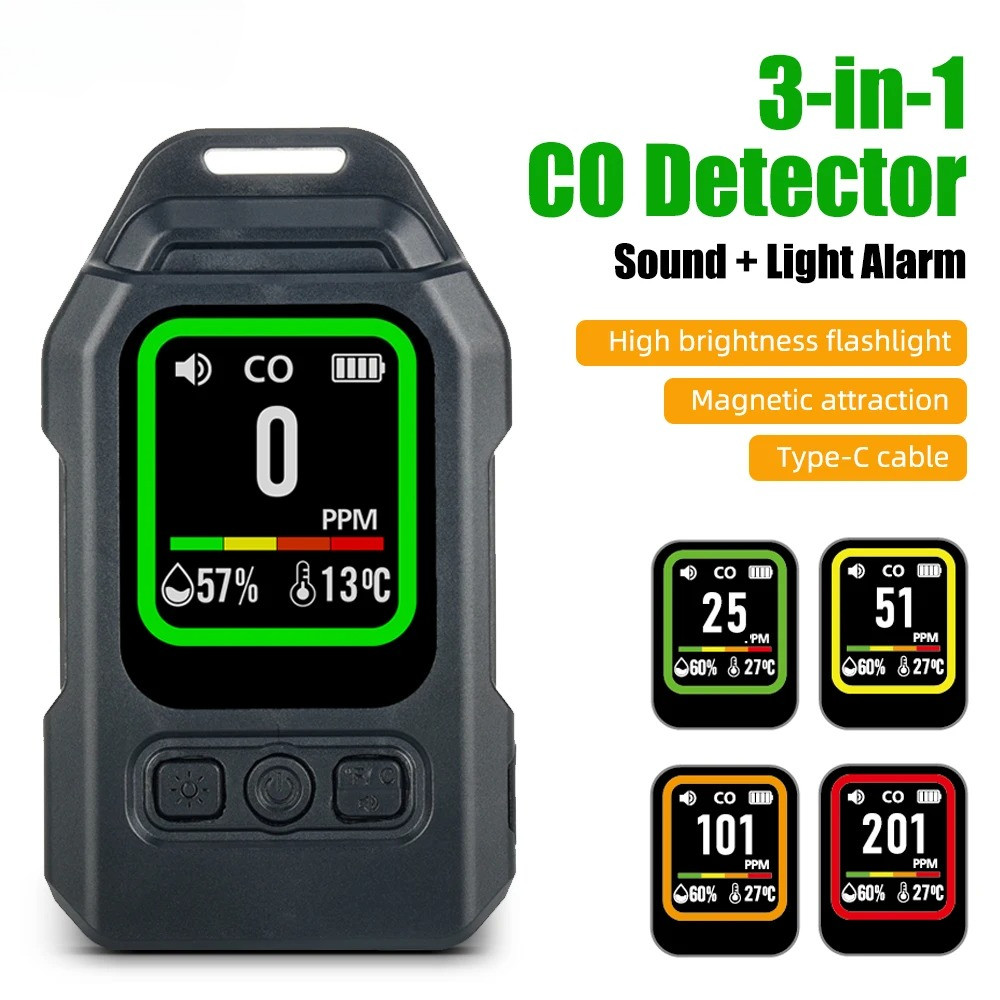 Máy dò rò rỉ khí CO 3 trong 1 Cảm biến Carbon Monoxide có đèn pin báo động Máy đo độ ẩm nhiệt độ di động để sử dụng trong nhà tại nhà