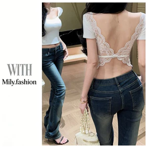 Milyfashion Pure Desire Bướm Dây Ren Modal Có Miếng Lót Ngực Tay Ngắn T Mùa Hè Phong Cách Mới Hot Girl Slim Ngắn Top baby tee Độ Đàn Hồi Cao Siêu Mềm