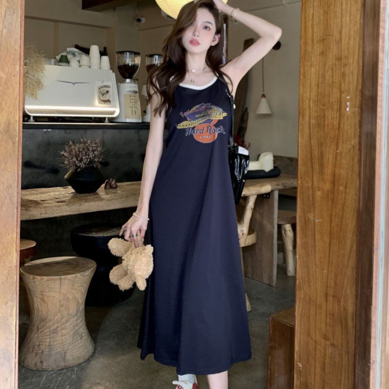Không Tay Hoạt Hình Dễ Thương In Hình Sling Váy Ngủ Nữ Mùa Hè Rời Kích Thước Lớn Béo MM Mặc Bên Ngoài Over-the-Knee Loungewear