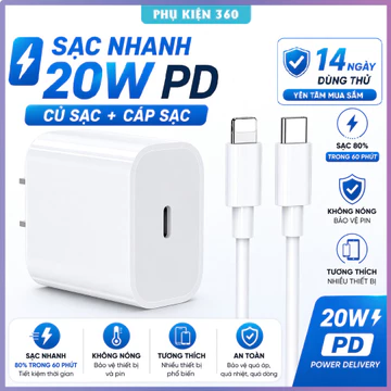 Bộ sạc nhanh 20W PD, (củ sạc + cáp sạc) cho 5-14PRM. Sạc 60p lên 80% Pin. Cốc sạc Type C, Dây sạc 20W sạc nhanh 3 lần