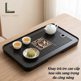 Khay Trà Tre Hình Chữ Nhật Bàn Trà Nhỏ Giọt Khay Khắc Sen Cá Trà Trang Trí Lưu Trữ