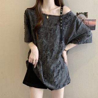 Size Lớn Rách Một Vai Ngắn Tay Áo Thun Nữ Mùa Hè 2026 Béo mm Rời Mỏng Hơn Nhìn Bao Mỡ Off-the @