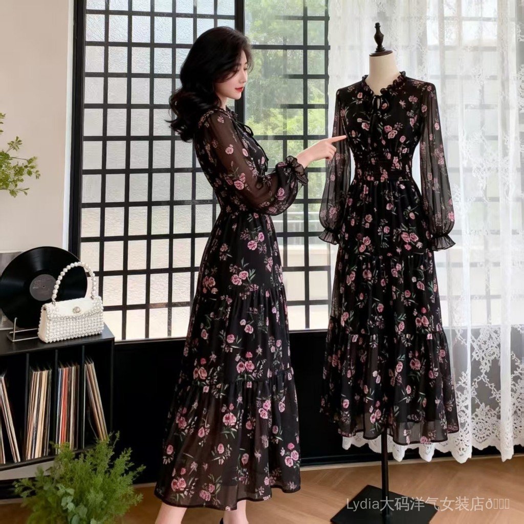 Váy dài hoa xù Spike Size lớn, phong cách Hồng Kông - Hàn Quốc, thanh lịch cho kỳ nghỉ