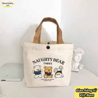 [Giao hàng từ Việt Nam] Túi Tote vải HAVENLYCO, Túi xách Mini dung tích lớn đào, Túi đựng đồ ăn trưa hoạt hình bằng vải canvas dễ thương Du lịch