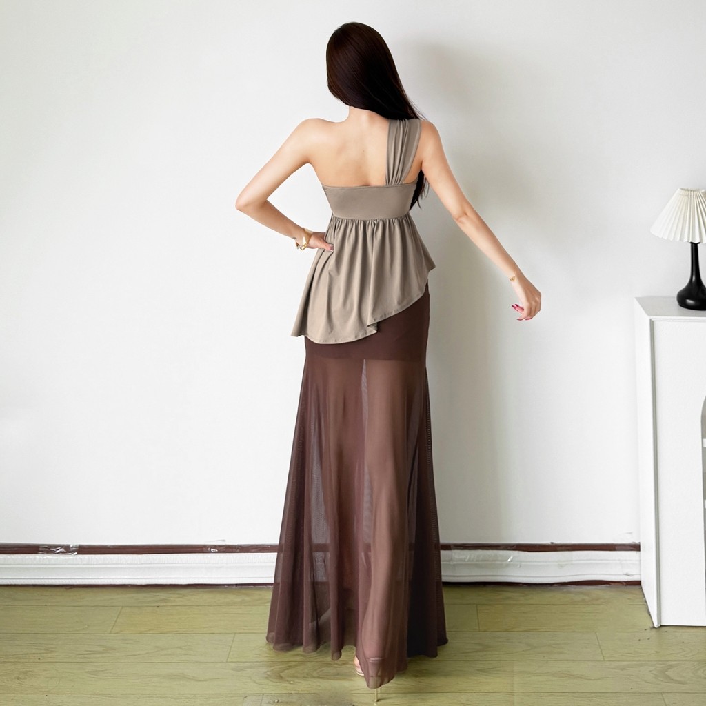 Váy nữ mùa hè lưới, phong cách chữ L với dây vai bất đối xứng
