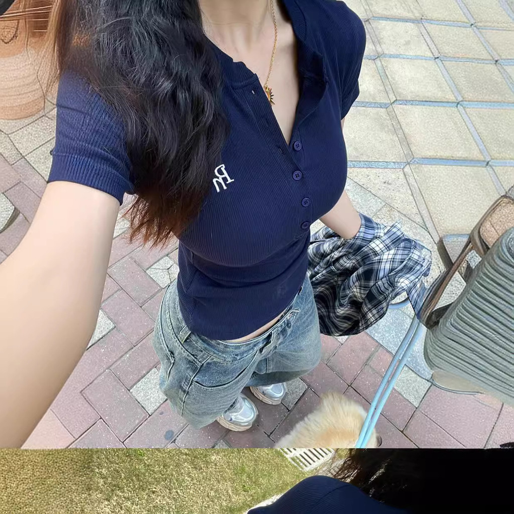 Hàng sẵn có Áo thun ngắn tay màu xanh hải quân dành cho nữ thon gọn hơn trông cao cấp dành cho nữ sang trọng Áo bó sát26042806