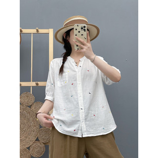 Áo sơ mi nữ cotton cao cấp mùa hè, thiết kế cổ chữ V thêu và tay ngắn