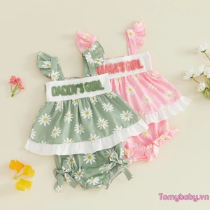 Bộ trang phục 2 món dành cho bé gái Áo cổ vuông tay bay in hoa cúc + Quần short