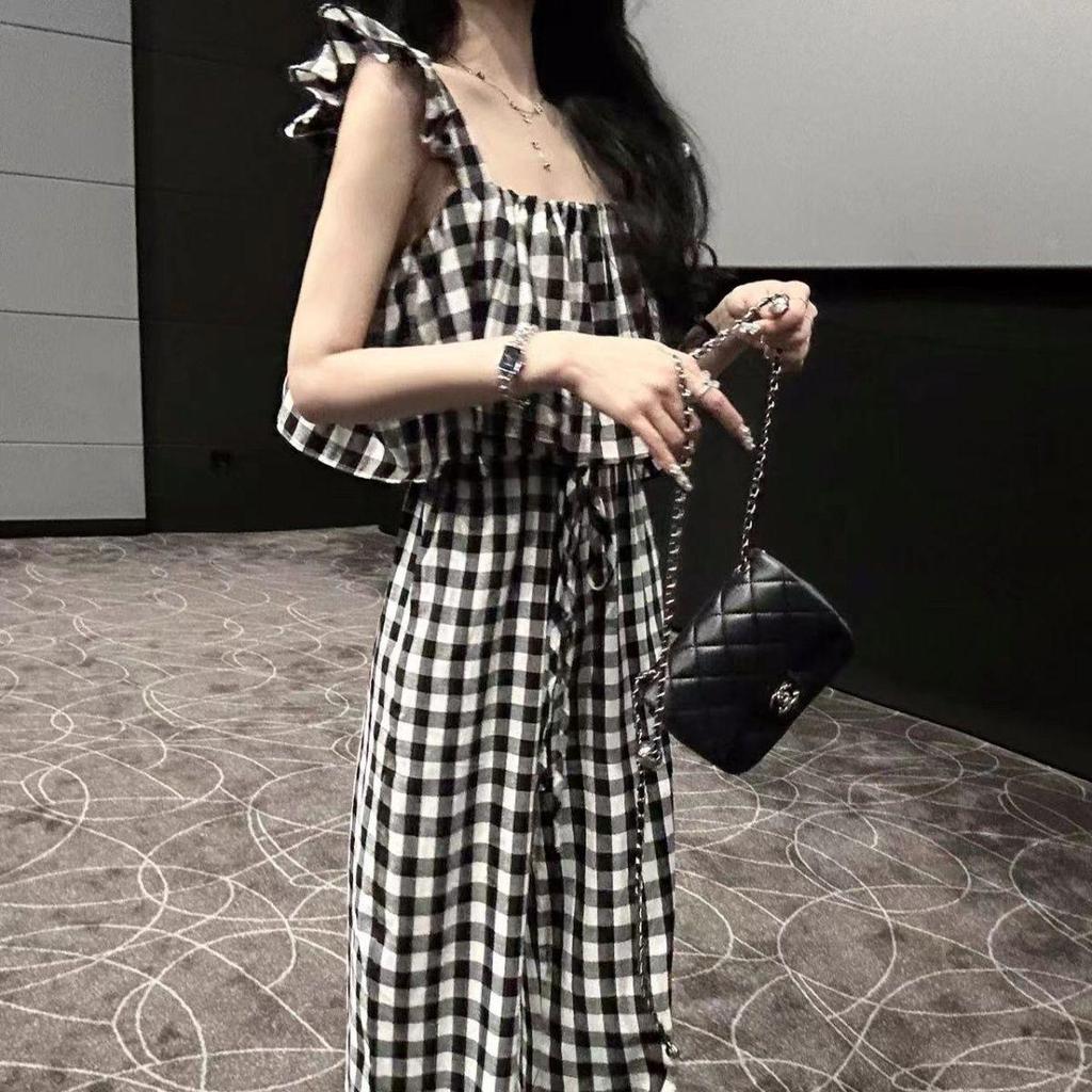 [Seckill trong thời gian có hạn] Bộ đồ ca rô màu đen trắng Quần nữ mùa hè Phong cách mới Phong cách Hàn Quốc Bộ áo liền quần ống rộng thời trang Bộ đồ chia cờ