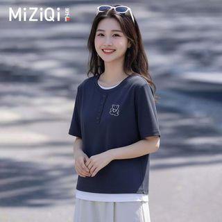 【MIZIQI】áo kiểu nữ Áo thun ngắn tay cổ tròn cho nữ, áo hai dây giả