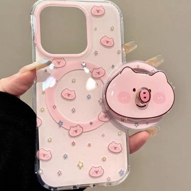 Mềm Mại Dễ Thương Dễ Thương Toàn Màn Hình Lợn Hồng Giá Đỡ Từ Tính Thích Hợp Cho Apple 17promax Vỏ Điện Thoại 16iphone15Pro