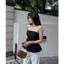Set áo đen cúp ngang dáng peplum xoè thun sau + quần suông trắng ống rộng MyaHouse
