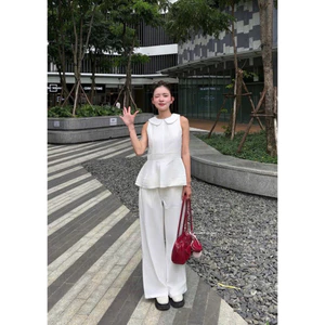 Set linen áo peplum sát nách cổ sen nẹp li xoè + quần suông ống rộng có túi dễ thương, nữ tính MyaHouse