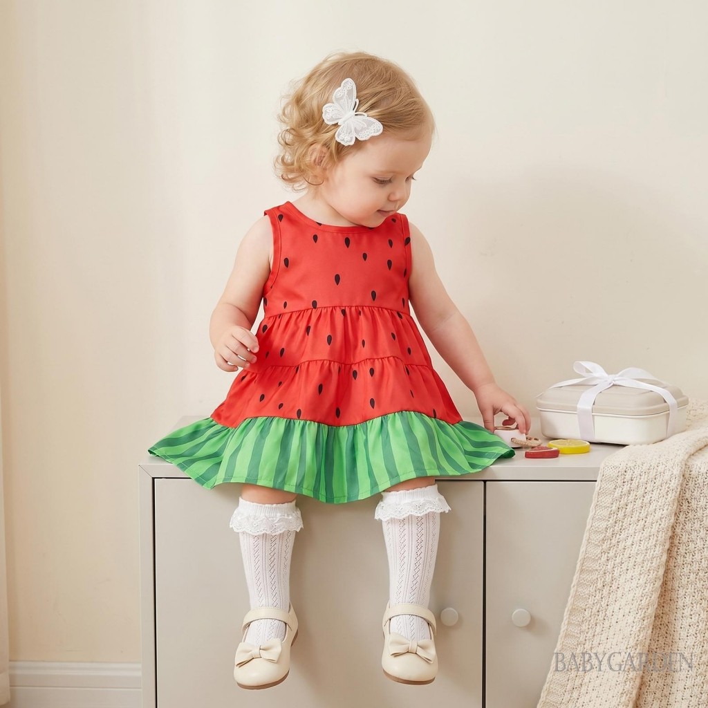 Váy không tay chữ A 6M-4Y cho bé gái Váy không tay cổ tròn xếp ly viền xếp ly Đầm bể dưa hấu