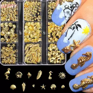 HFSHY 1 Hộp Kim Loại Mùa Hè Đại Dương Móng Tay Nghệ Thuật Quyến Rũ 3D Vỏ Sao Biển Cá Ngựa Ngọc Trai Hạt Hợp Kim Móng Tay Trang Sức Hỗn Hợp Làm Móng Tay Đinh Trang Trí VN