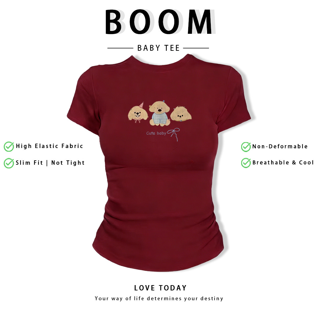 BOOM Áo Baby Tee Nữ Cotton Ôm Body-Áo Thun Ngắn Tay Y2K In Hình PhongCách Mùa Hè, Cổ Tròn Hàng Đầucách hàn quốc phongF30