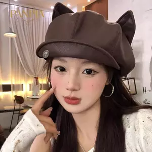 PNPIA- Mũ nồi tai mèo dễ thương bằng da PU dành cho nữ Màu trơn Mũ Newsboy thông thường Mũ lưỡi trai cá nhân