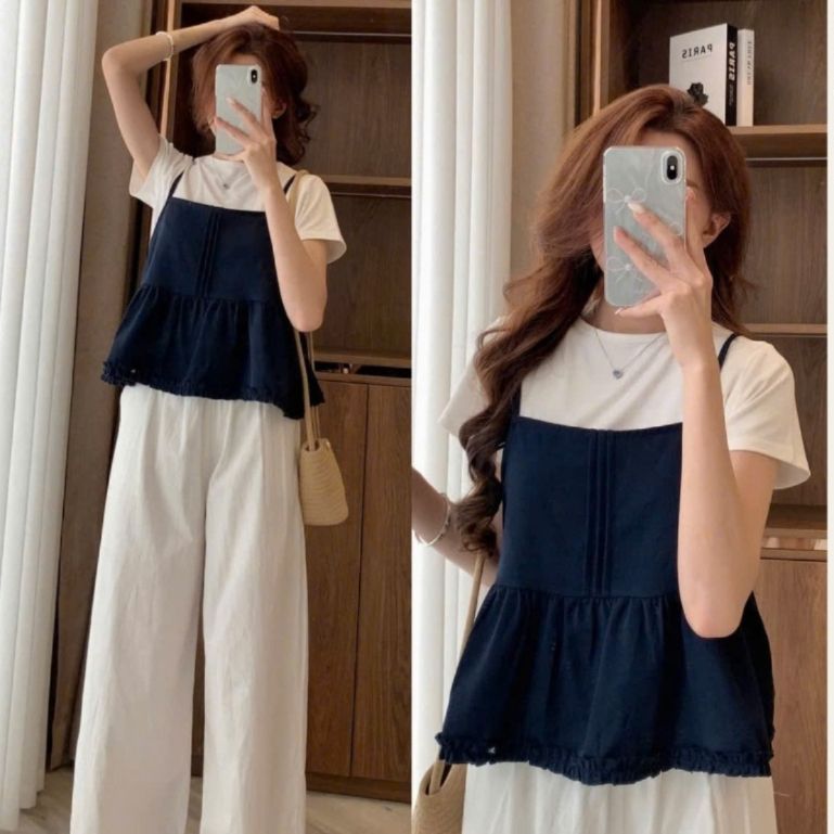 Set Đồ Nữ Áo Thun Trơn Cộc Tay Kèm Áo 2 Dây Xếp Ly Viền Bèo S800 Shees Thời Trang Nữ - SamHi Closet